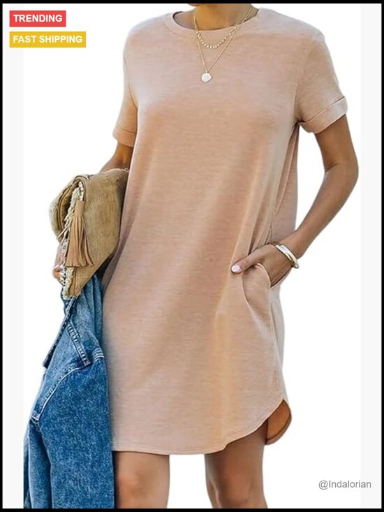 Dresses & Skirts - Cotton Blend Short Sleeve T Shirt Dress with Pockets Loose Fit
